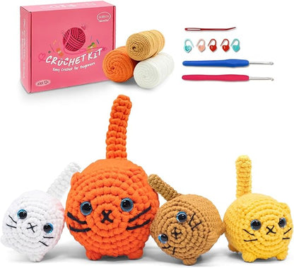 SGIBYN Crochet Kit for Beginners,Crochet Cat Kit with Step-by-Step Video Tutorials - DIY Amigurumi Loaf Cat Family, Easy Animals Craft Kit for Adults & Teens
