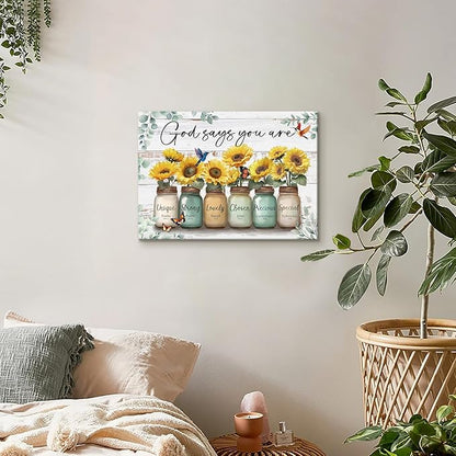 WENGTIAO Christian Sunflower Canvas Wall Art Print God Says You Are Picture Bible Verse Poster Inspirational Scripture Painting Mason Jar Flower Wall Decor Quotes Artwork for Living Room Bedroom 16x24 inch