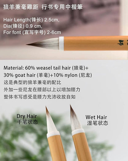 Professional Chinese calligraphy brush, Weasel tail hair Wolf Hair Lang Hao Sumi-e Brush for Zhi Yong's Thousand Character Classic, liquid Ink Brush for Running script Kanji Art, Zhi Yong Qian Wen 1pc
