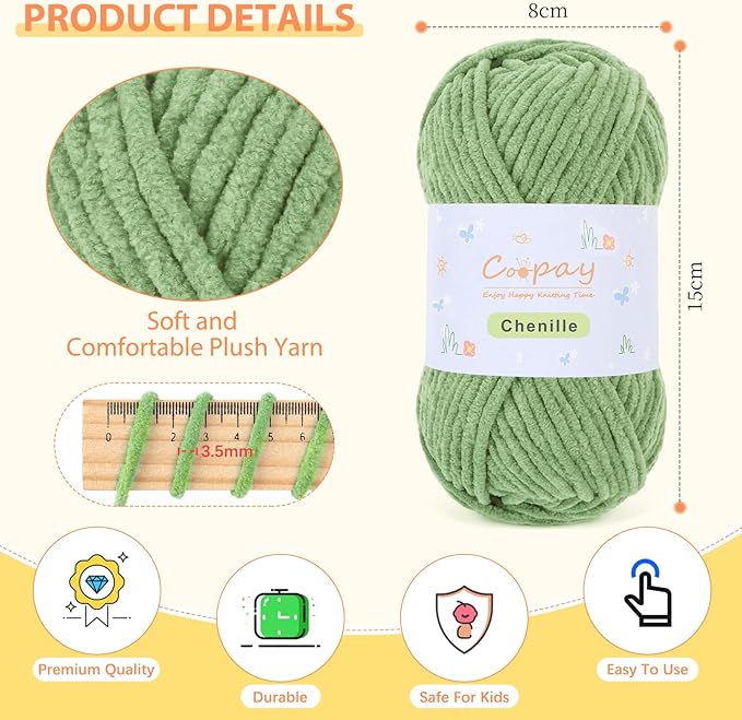 Coopay Chenille Yarn for Crocheting/Knitting, 8 Pack Medium Worsted Weight Yarn of 50g/1.76oz - Total 520yd, Soft Velvet Crochet Yarns for Plush Toys, Baby Blankets, Scarves (Green)