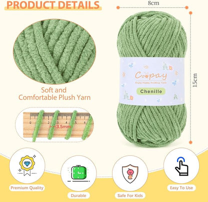 Coopay Chenille Yarn for Crocheting/Knitting, 8 Pack Medium Worsted Weight Yarn of 50g/1.76oz - Total 520yd, Soft Velvet Crochet Yarns for Plush Toys, Baby Blankets, Scarves (Green)