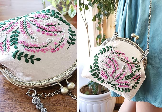Embroidery Beginner Kits for Adults, DIY Wallet/Purse/Handbag with Pattern & Instructions, Included Embroidery Cloth Bag/Chain/Craft Stamped/Hoops Threads