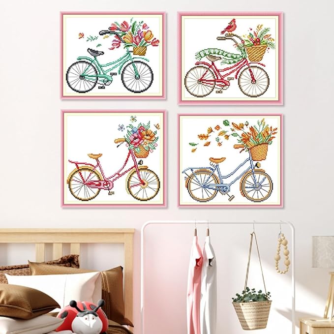 Qeerysew Cross Stitch Kits Stamped Full Range of Embroidery Starter Kits for Beginners DIY-Printed Kits Romantic Bike (Winter)(Printed) 13.8x11inches