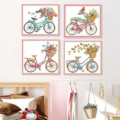 Qeerysew Cross Stitch Kits Stamped Full Range of Embroidery Starter Kits for Beginners DIY-Printed Kits Romantic Bike (Winter)(Printed) 13.8x11inches