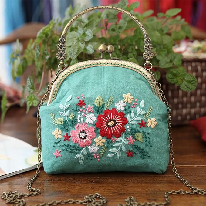 Gogobear Handmade DIY Embroidered Purse for Women Girls Beginners Embroidery Coin Purse Kits Lightblue Flowers