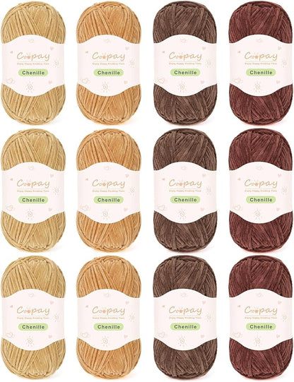 Coopay Skinny Chenille Yarn for Crocheting and Knitting, 12 Pack of 50g/1.76oz - 1764yd Total, Soft Velvet Yarn of Baby Weights - Suitable for Baby Blankets, Plush Toys - Super Soft (Brown Gradient)
