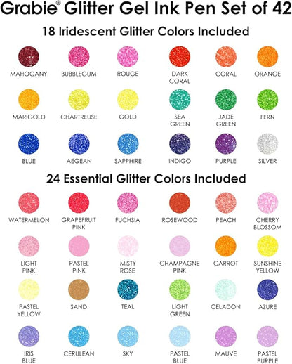 Grabie 42 Capped Glitter Gel Pen Set, 18 Iridescent&24 Essential Color Pens, Smooth Rollerball Tip, Metallic Sparkly Gel Pens for Coloring, Set of 42 Gel Pens Colored