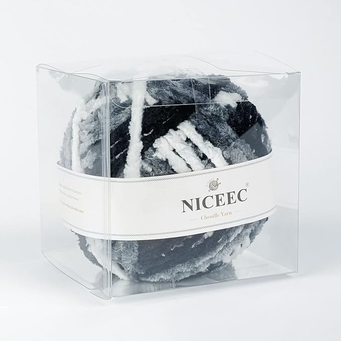 NICEEC 300g Soft Chenille Yarn Blanket Velvet Yarn for Knitting, Crochet, Weaving DIY Craft Total Length 150m (164yds)_Black White Gray