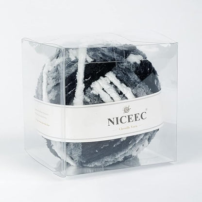 NICEEC 300g Soft Chenille Yarn Blanket Velvet Yarn for Knitting, Crochet, Weaving DIY Craft Total Length 150m (164yds)_Black White Gray