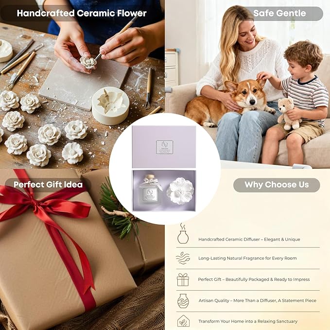 Pretty Valley Home Reed Diffuser Sets, 6.76 Fl. Oz / 200ML Ceramic Diffuser Flower Gift Box, Home Reed Diffuser for Bathroom Office Bathroom Living Room Decor (Lavender White)