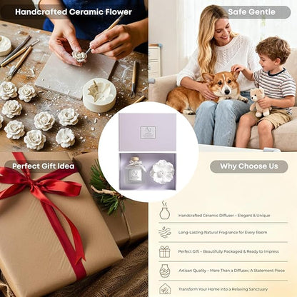Pretty Valley Home Reed Diffuser Sets, 6.76 Fl. Oz / 200ML Ceramic Diffuser Flower Gift Box, Home Reed Diffuser for Bathroom Office Bathroom Living Room Decor (Lavender White)