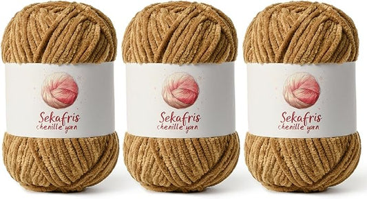 3 Pack Brown Chunky Chenille Yarn for Crocheting, Bulky Velvet Yarns for Crochet, Baby Yarn for Crocheting Soft Blanket, 393 yds/10.5 oz Fluffy Amigurumi Crochet Yarn