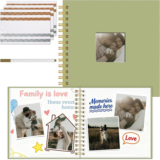 Vienrose 8 x 8 Inch Scrapbook Photo Album, Linen Hardcover Photo Book with 40 White Pages, DIY Memory Book Kit with Accessories for Wedding, Baby Shower, Travel, Christmas (LightGreen, 20 Sheets)