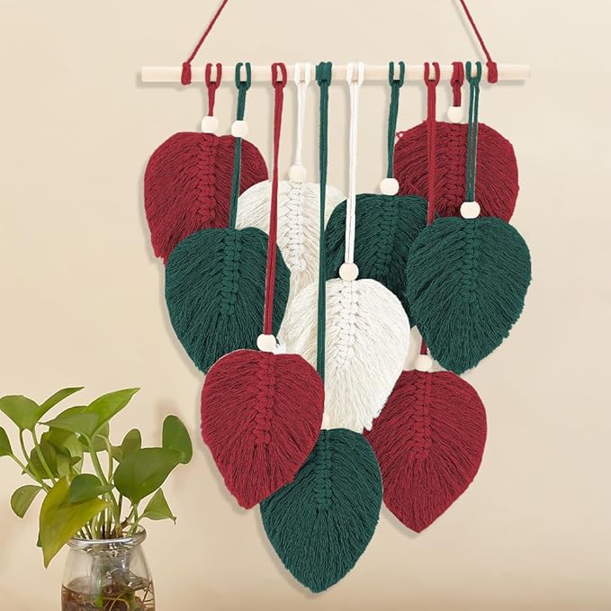 FREEBLOSS DIY Christmas Color Macrame Leaf Kit Macrame Leaf Wall Hanging Bohemian Leaf Tapestry Decor Macrame Kit for Beginners Handmade Feather Wall Decorations for Bedroom Dorm