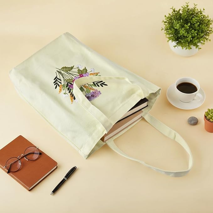 ERKOON Canvas Tote Bag Embroidery Kit for Beginners, Floral Arts Crafts Cross Stitch Kits for Adults Including Stamped Embroidery Bag with Hoops, Needle, Instruction and Color Threads(Colorful Time)
