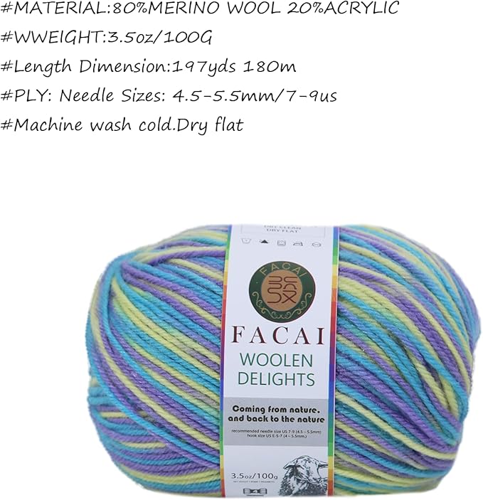 Facai Blend Merino Wool Yarn for Knitting - Worsted Weight,197yds (3.5oz) Ball, Ideal for Sweaters, Scarves, and Accessories (1, Sea Spray Flower)