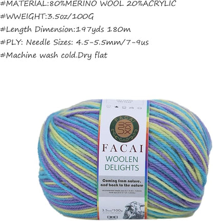 Facai Blend Merino Wool Yarn for Knitting - Worsted Weight,197yds (3.5oz) Ball, Ideal for Sweaters, Scarves, and Accessories (1, Sea Spray Flower)