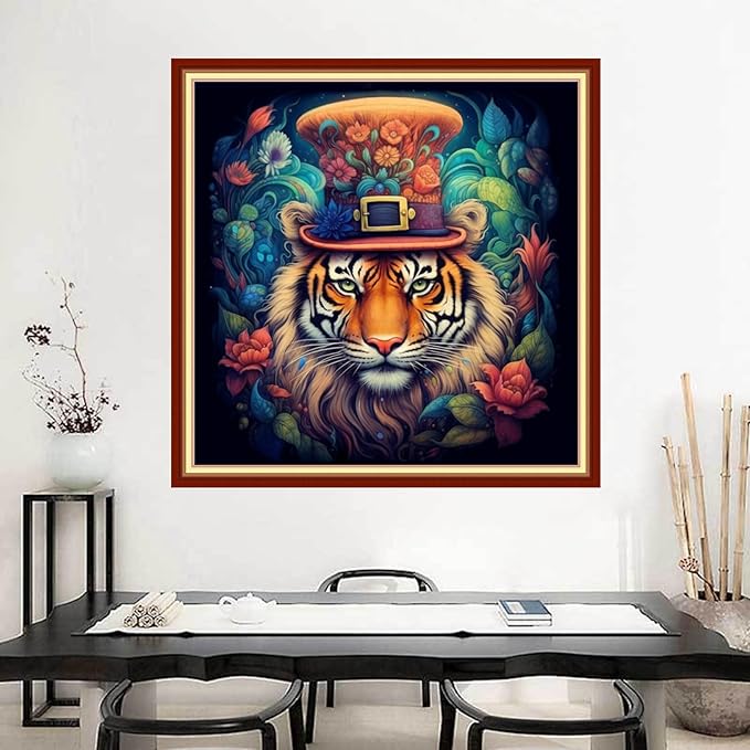 Joyhoor Stamped Cross Stitch Kits for Beginners Needlepoint Kits for Adults Embroidery Kits 11CT Counted Cross Stitch Kits Printed Embroidery Pattern-The King of The Forest Tiger 18x18 inchs