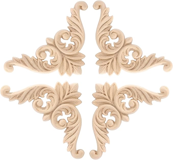 4PCS Corner Wooden Carving Decal Unpainted Wood Appliques Onlays DIY Wood Carved Furniture Appliques Onlays for Wall Bed Door Wardrobe Cabinet Furniture Decoration(07,10x10cm/3.94x3.94inch)