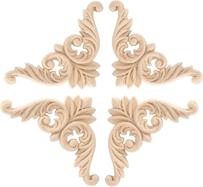 4PCS Corner Wooden Carving Decal Unpainted Wood Appliques Onlays DIY Wood Carved Furniture Appliques Onlays for Wall Bed Door Wardrobe Cabinet Furniture Decoration(07,10x10cm/3.94x3.94inch)