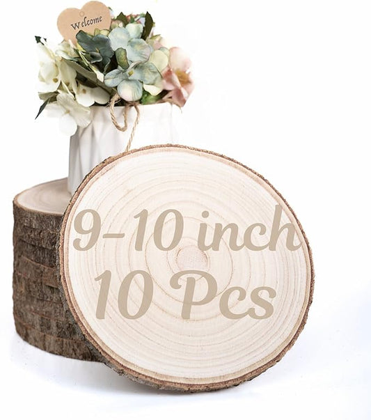 10 Pack Natural Wood Slices for Centerpieces – Rustic Wedding Table Decorations, Unfinished Wooden Rounds for Crafts and Home Decor (9–10 inch)