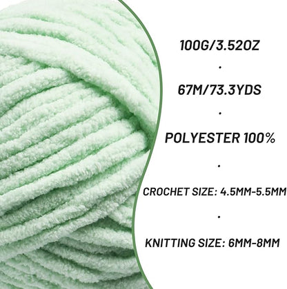 Chunky Chenille Yarn for Crocheting，Baby Yarn for Crocheting Soft Blankets，Bulky Yarns for Crochet Amigurumi，2×100g (2×74.3yds) Fluffy Velvet Yarns for Hand Knitting (2 Light Green)