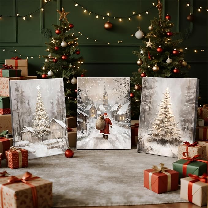 3Pcs Winter Snow Scene Canvas Wall Art for Bedroom, Christmas Pine Trees Landscape Wall Picture Retro Cabin Snowy Canvas Art Prints Painting Country Nature Wall Decor for Living Room Kitchen 20"x28"X3