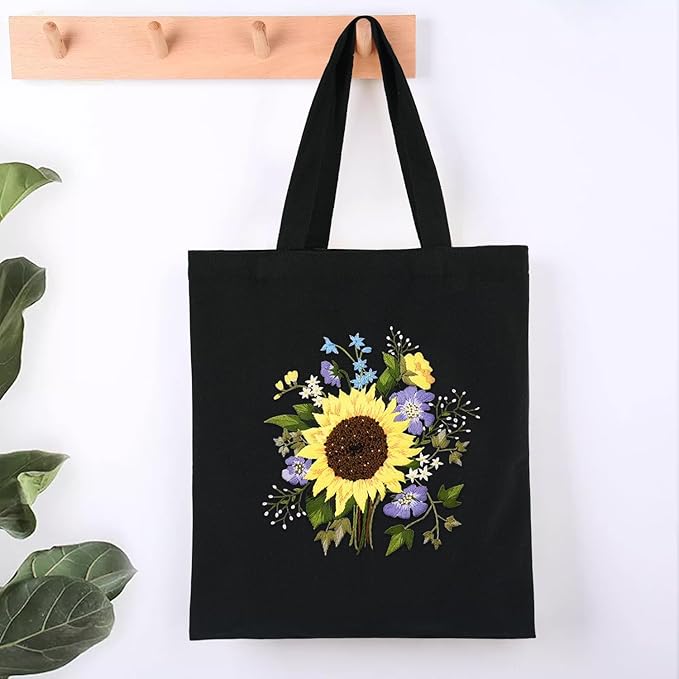 Canvas Tote Bag Embroidery Kit with Sunflower Pattern, Embroidery Kits for Beginners Adults, Arts and DIY Crafts Embroidery Starter kit, Include Stamped Embroidery Bag, Color Threads, Embroidery Tools