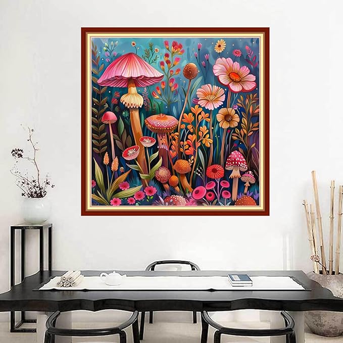 Joyhoor Stamped Cross Stitch Kits for Beginners Needlepoint Kits for Adults Embroidery Kits 11CT Counted Cross Stitch Kits Printed Embroidery Pattern-Mushroom Flowers 18x18 inchs