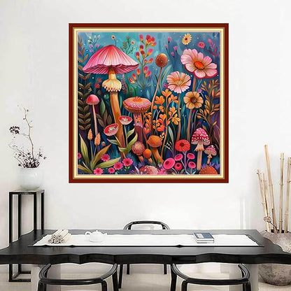 Joyhoor Stamped Cross Stitch Kits for Beginners Needlepoint Kits for Adults Embroidery Kits 11CT Counted Cross Stitch Kits Printed Embroidery Pattern-Mushroom Flowers 18x18 inchs