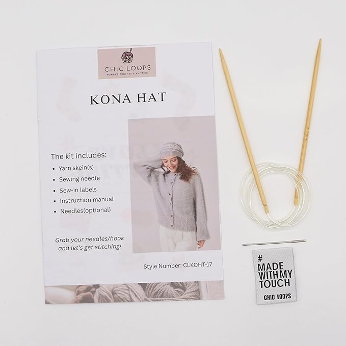 Chic Loops Knitting Kit for Beginners, Knitted Hat Beginner Crochet Kit for Adults, Crochet Soft and Warm Beanie Cozy Skull Cap for Womem with Instruction(Cloudy)