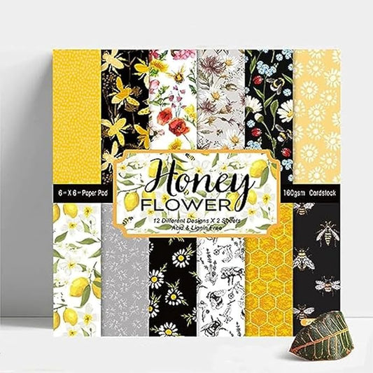DESEACO Honey Bee Flower Scrapbook Pad – 24 Sheets 6x6 Single-Side Craft Sheets for Card Making, Journals, DIY Projects, Vintage Yellow Black Floral Designs