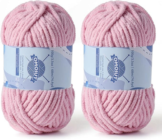 Chunky Chenille Yarn for Crocheting，Baby Yarn for Crocheting Soft Blankets，Bulky Yarns for Crochet Amigurumi，2×100g (2×74.3yds) Fluffy Velvet Yarns for Hand Knitting (2 Pale Pink)