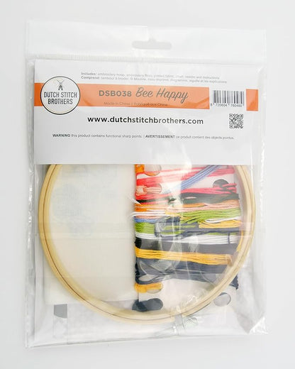 DUTCH STITCH BROTHERS Bee Happy Embroidery Starter Kit with Pattern and Instructions. Stamped Embroidery Kits with Embroidery Clothes with Pattern. 6" Embroidery Hoop