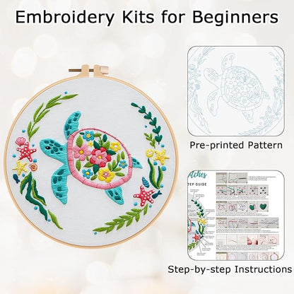Louise Maelys Sea Turtles Embroidery Kits for Beginners, DIY Cross Stitch Starter Craft Kit for Adults Including Cloth with Pattern, Hoop, Needles Instruction and Threads