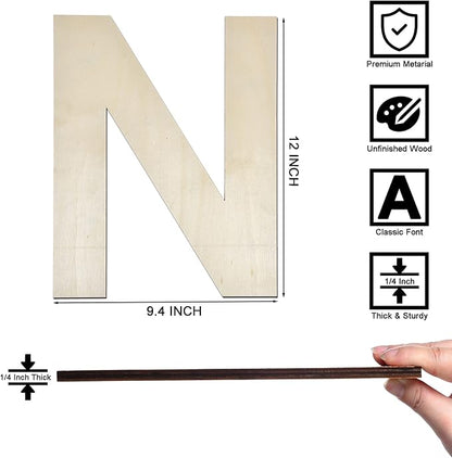 12 Inch Wooden Letter N, 1/4 Inch Thick Large Unfinished Wood Letter for Home Wall Decor, DIY Crafts