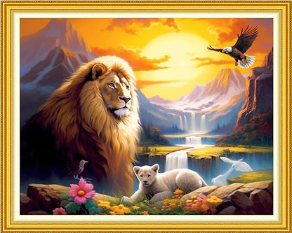DMCVIVR Stamped Cross Stitch Kits for Beginners Adults Needlepoint Kits for Beginners Embroidery Kits for Adults Crossstitch Kit for Beginners 11CT-(Lion Scenery 16x20 inch