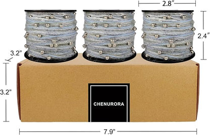 Artisanal Yarn Collection Multifiber Fancy Yarn with Silver Beads for Knitting Crocheting Crafts DIY, Set of 3 Rolls (Dusty Blue & Silver Beads)