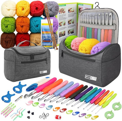Yarniss Crochet Kit for Beginners - 840 Yards Crochet Yarn and 14 Sizes (2.0-10.0mm) Ergonomic Hooks with Organizer Bag, All Inclusive Crocheting & Knitting Set for Adults