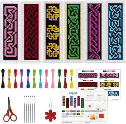 ORIGACH 6 Set Celtic Knot Cross Stitch Bookmark Kit for Beginner with Backing Felt Floss Instructions DIY Stamped Embroidery Bookmark Kit for Adults, Book Lovers