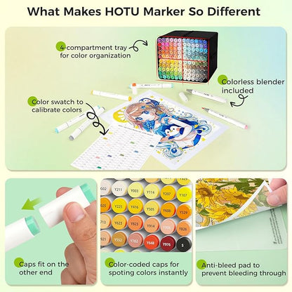 HOTU 120 Colors Alcohol Markers, Dual Tip Brush & Chisel for Adult Coloring Books No Bleed Alcohol-Based Art Markers Set with Case, Blender Anti-Bleed Pad for Illustration Sketching