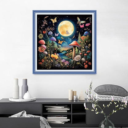 Joyhoor Cross Stitch Kits for Beginners Stamped Cross-Stitch Supplies Needlework preprint Embroidery Kits for Adults DIY Needlepoint Kits Embroidery Patterns 11CT-Mushroom Moon 18.x18 inch