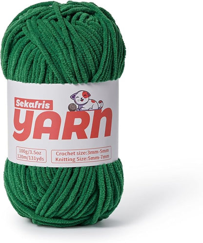 Plush Chunky Chenille Yarn for Crocheting, Soft Fluffy Velvet Yarn for Crocheting, Fuzzy Baby Blanket Knitting Yarns, 100g/131yds Bulky Amigurumi Yarns（Greener）