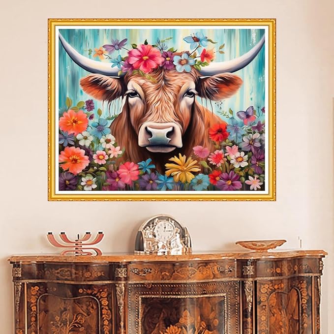 DMCVIVR Stamped Cross Stitch Kits for Beginners Adults Needlepoint Kits for Beginners Embroidery Kits for Adults Crossstitch Kit for Beginners 11CT-Flower Cattle 16x20 inch