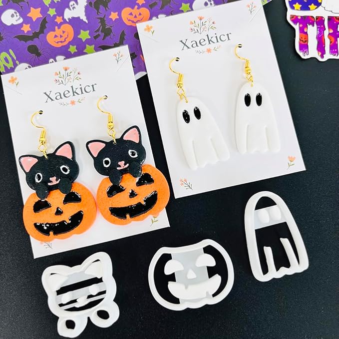 Xaekicr 3Pcs Halloween Polymer Clay Cutters Set – Ghost, Pumpkin, Cat | Clay Earring Cutters for Halloween Jewelry DIY | Polymer Clay Molds & Tools for Earrings Making