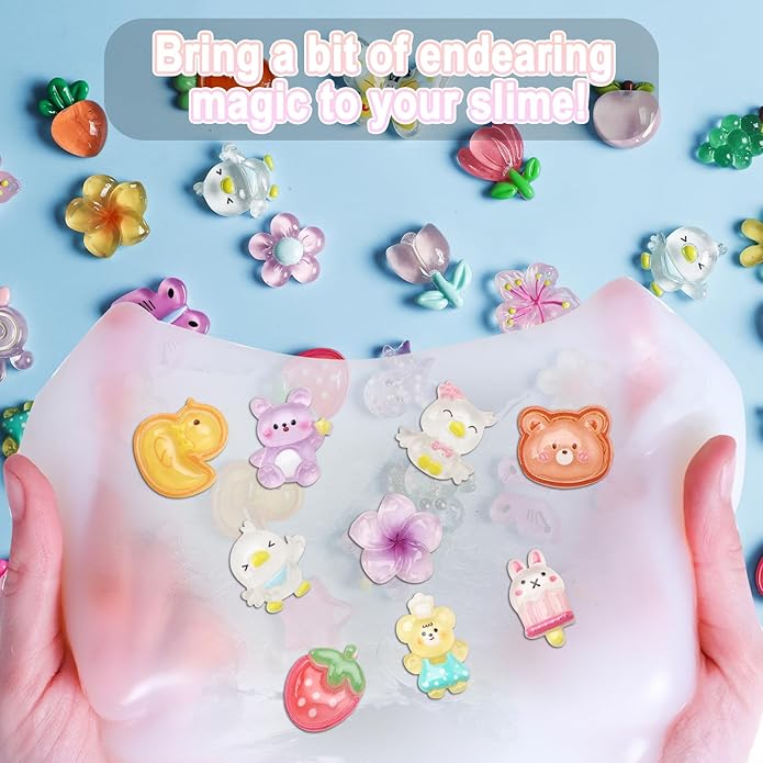120Pcs Slime Charms Cute Set Mixed Colors Flatback Resin Charm Kawaii Embellishments for DIY Crafts Bulk Assorted Ornament Making kit Accessories for Phone Junk Cases Scrapbooking Decorations