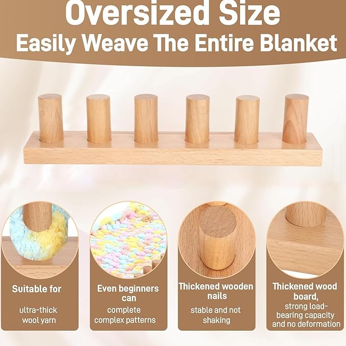 Knitting - Chunky Blanket, Hand Knitting Set, Adjustable Wooden Looms Frame, Yarn Crochet Kit for Crafts Hobby Beginners Friendly Weaving Blankets Scarf Sewing Cushion Wool Projects