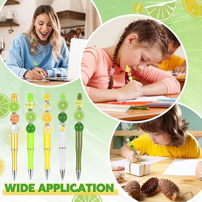 Geyee 12 Set Plastic Beadable Pens Assorted Bead Pens Crystal Wood Round Spacer Set Black Ink DIY Ballpoint for Women Men Gift Office Supplies(Lemon)