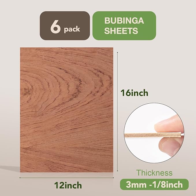 ROBOTIME 6-Pack Bubinga Plywood for Laser Cutting - 12 x 16 x 1/8 Inch Laser Engraving Blanks - Unfinished Wood for Crafts
