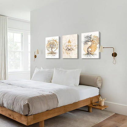 WENGTIAO 3Pcs Tree of Life Canvas Wall Art Prints Zen Lotus Pictures Posters Beige Yin Yang Fall Art Paintings Spiritual Meditation Artwork for Living Room Bedroom Spa Office Home Decor 16x24x3Pcs